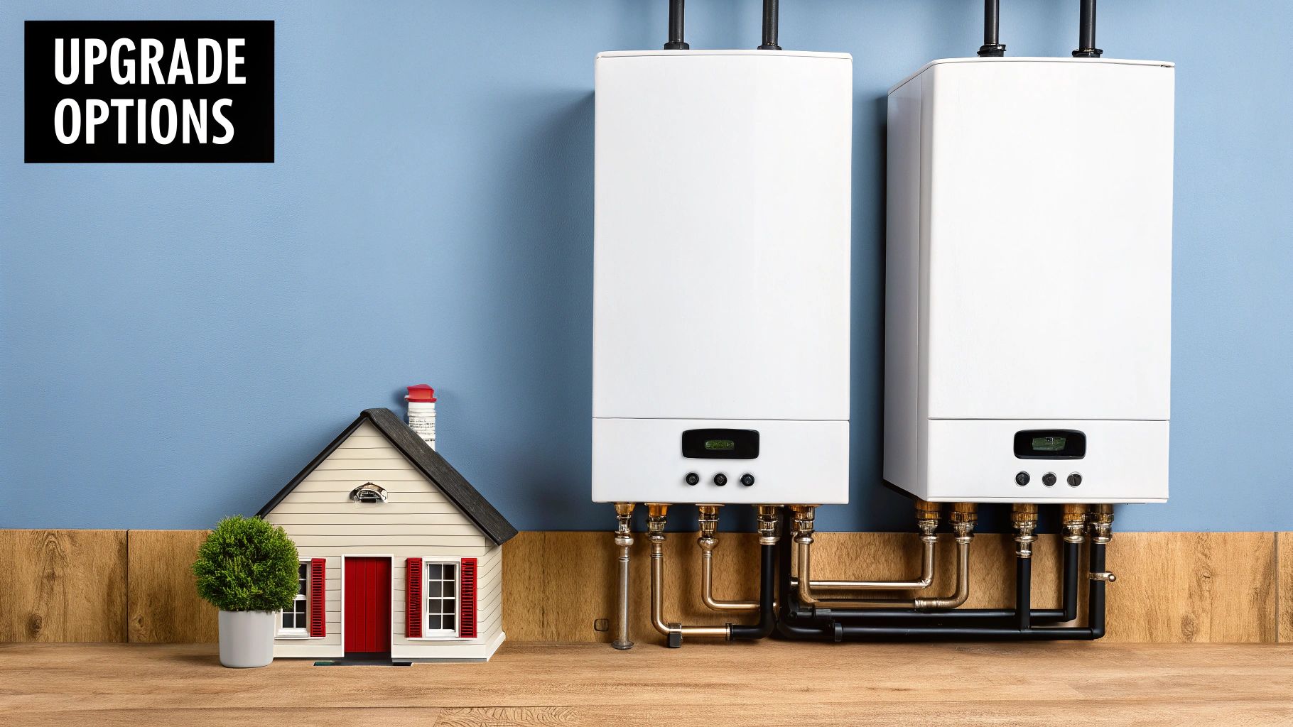 Miniature house model next to two modern white boilers with 'UPGRADE OPTIONS' text.