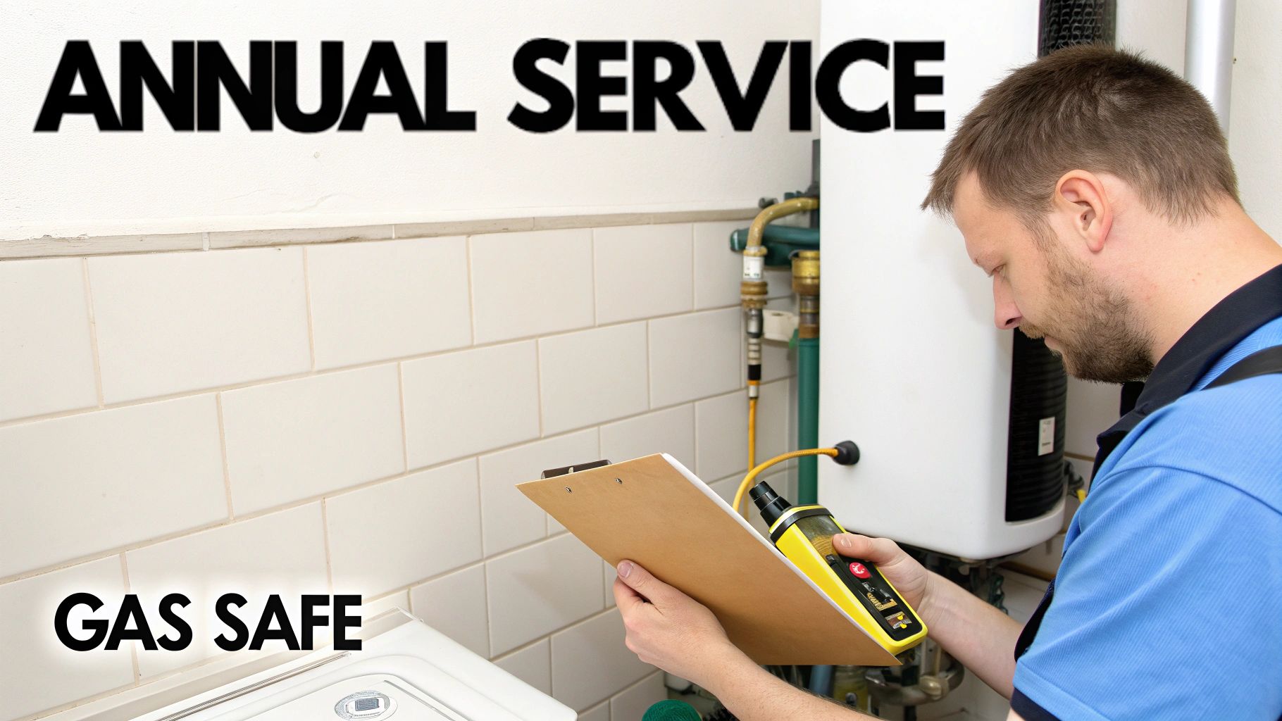 A gas engineer performs an annual service, inspecting a boiler with a testing device and clipboard, promoting gas safety.
