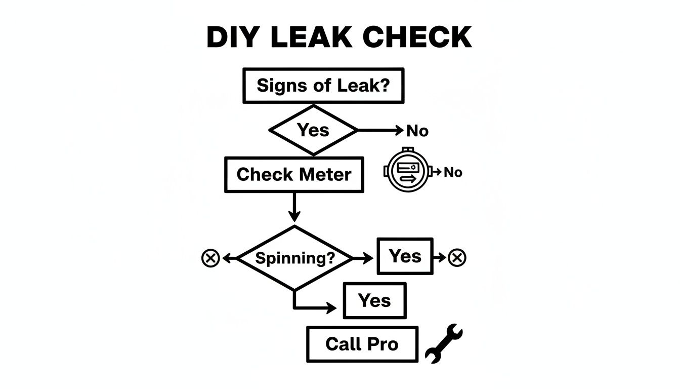 Flowchart showing a DIY water leak check process by observing signs and checking the water meter.