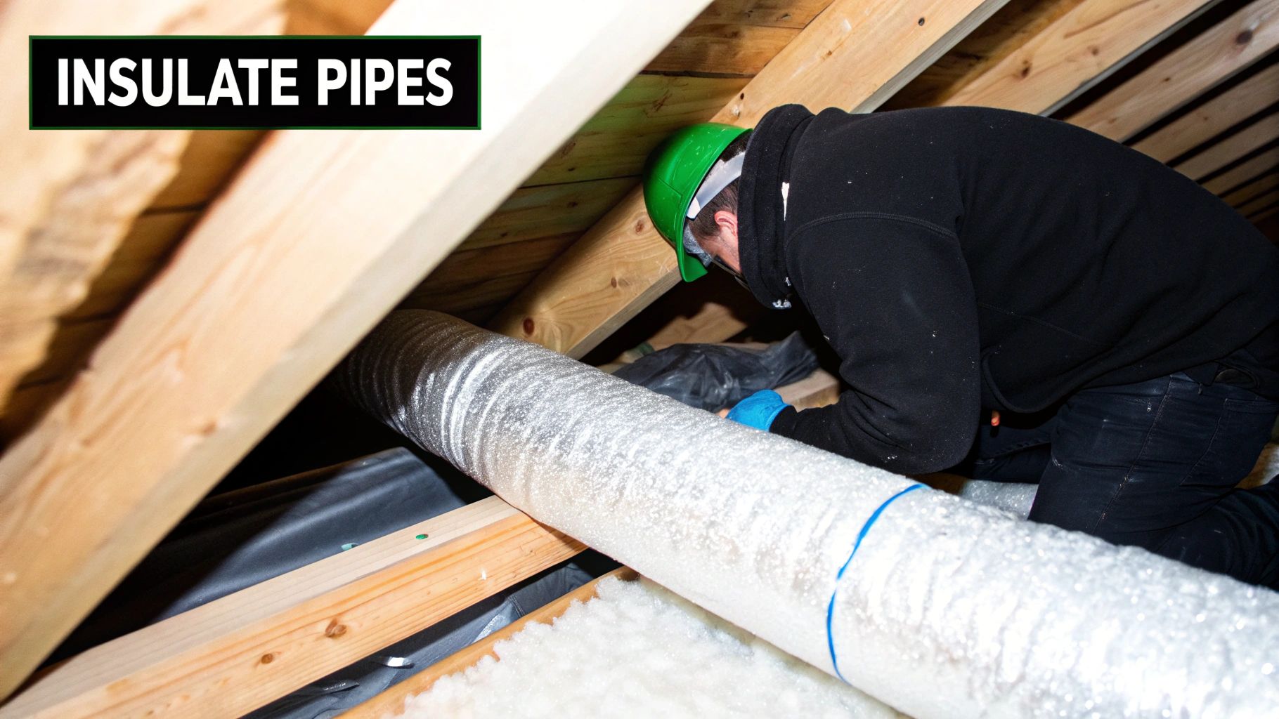 A worker in a hard hat and gloves insulating a large pipe in a tight attic space.