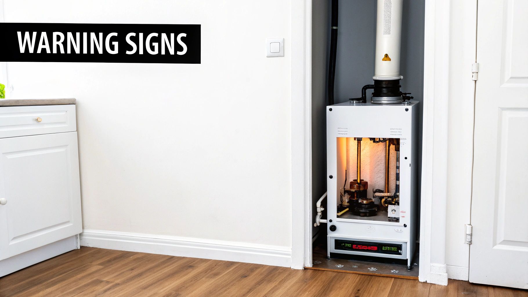 A modern white heating system with a glowing internal mechanism installed in a utility closet.