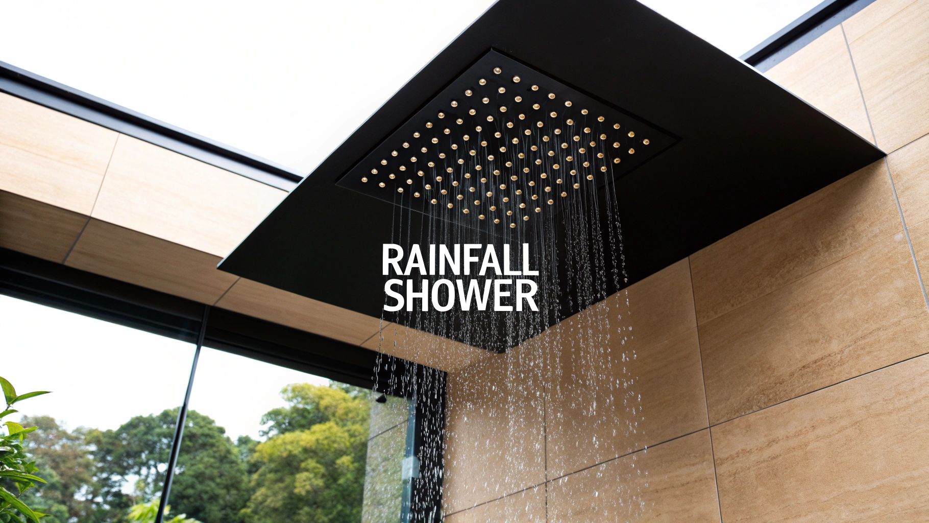 A sleek black rainfall showerhead releasing water, set against tiled walls and an outdoor view.