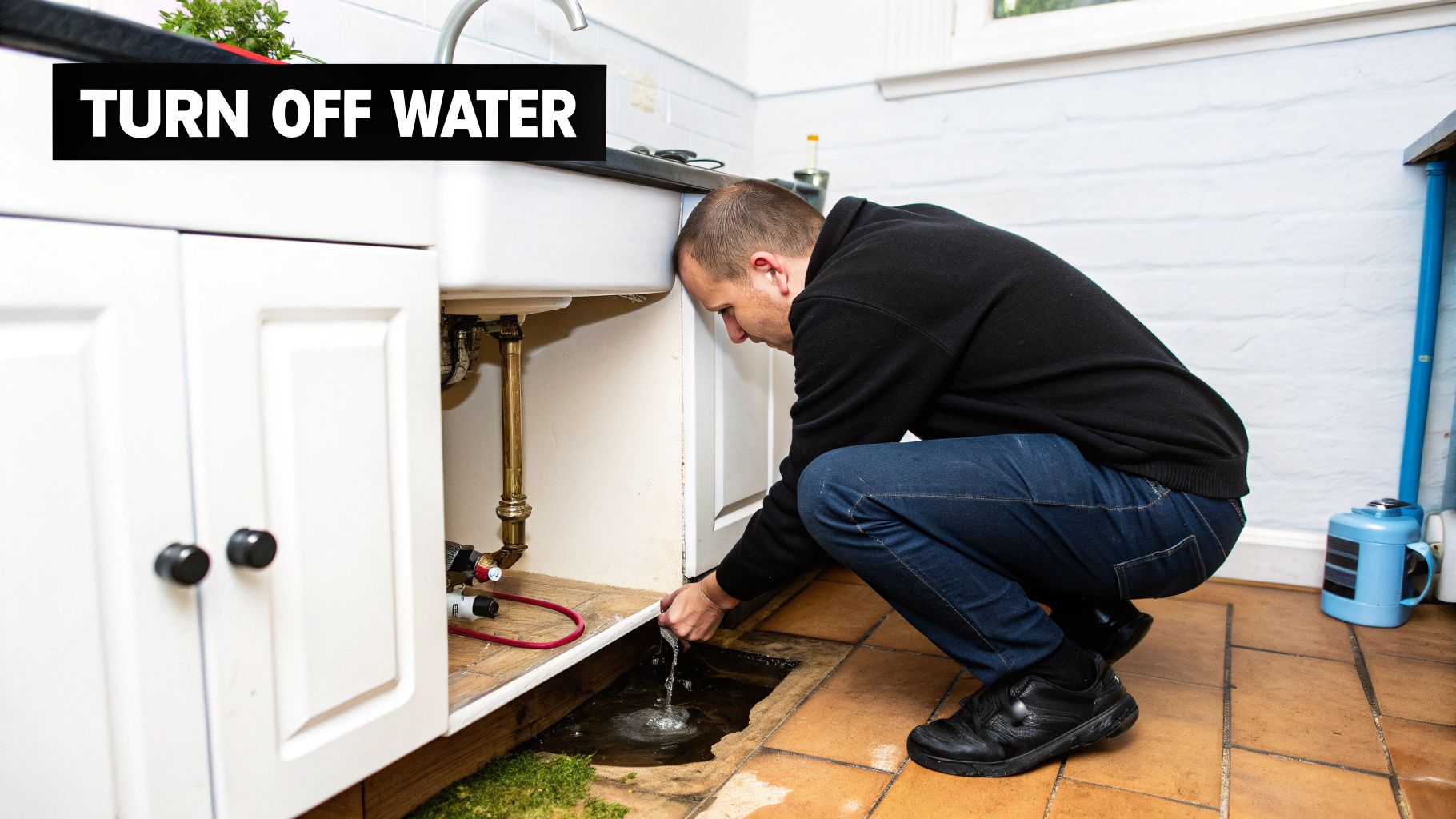 A man crouches under a kitchen sink, investigating water leaking from a burst pipe onto the floor.