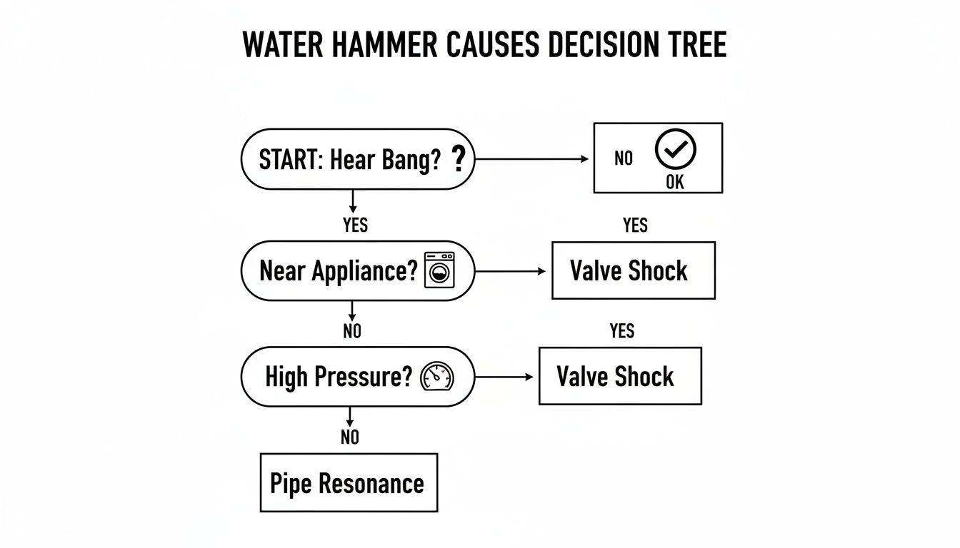 A decision tree flowchart illustrating the causes of water hammer and potential solutions.