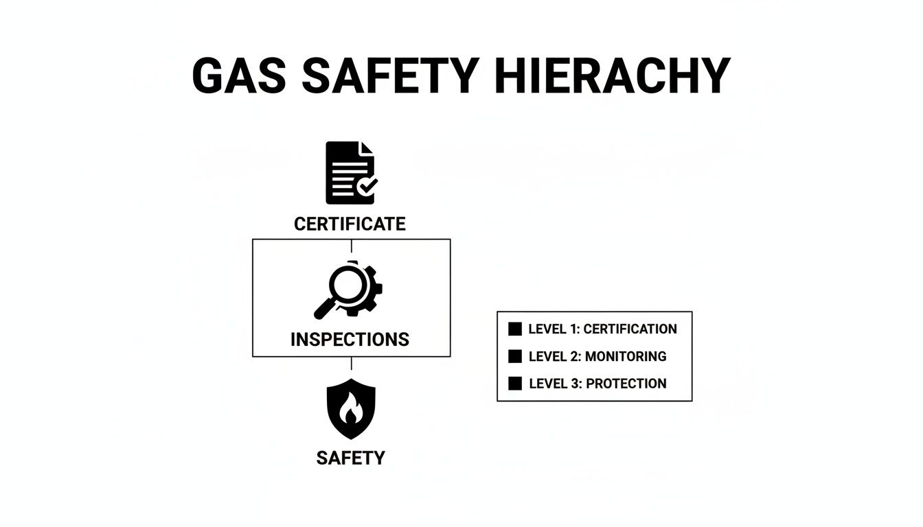 Diagram showing the Gas Safety Hierarchy, including Certificate, Inspections, and Safety levels.