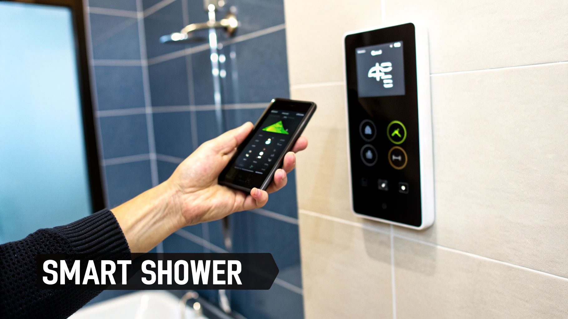 A person controls a modern smart shower system with a smartphone app in a tiled bathroom.