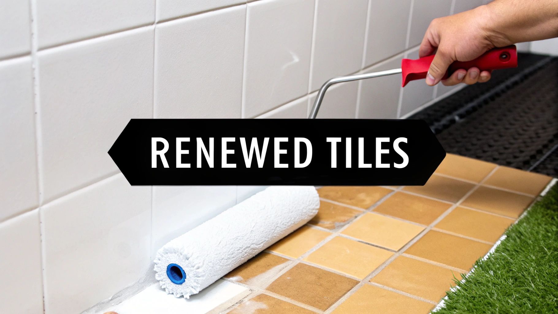 Close-up of a hand painting old floor tiles white with a roller, renewing the surface.