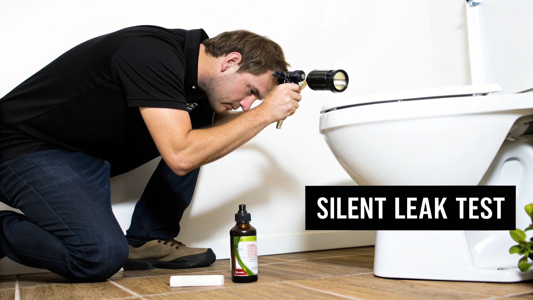 Man inspecting a toilet for leaks with a specialized tool and a test solution bottle on the floor.