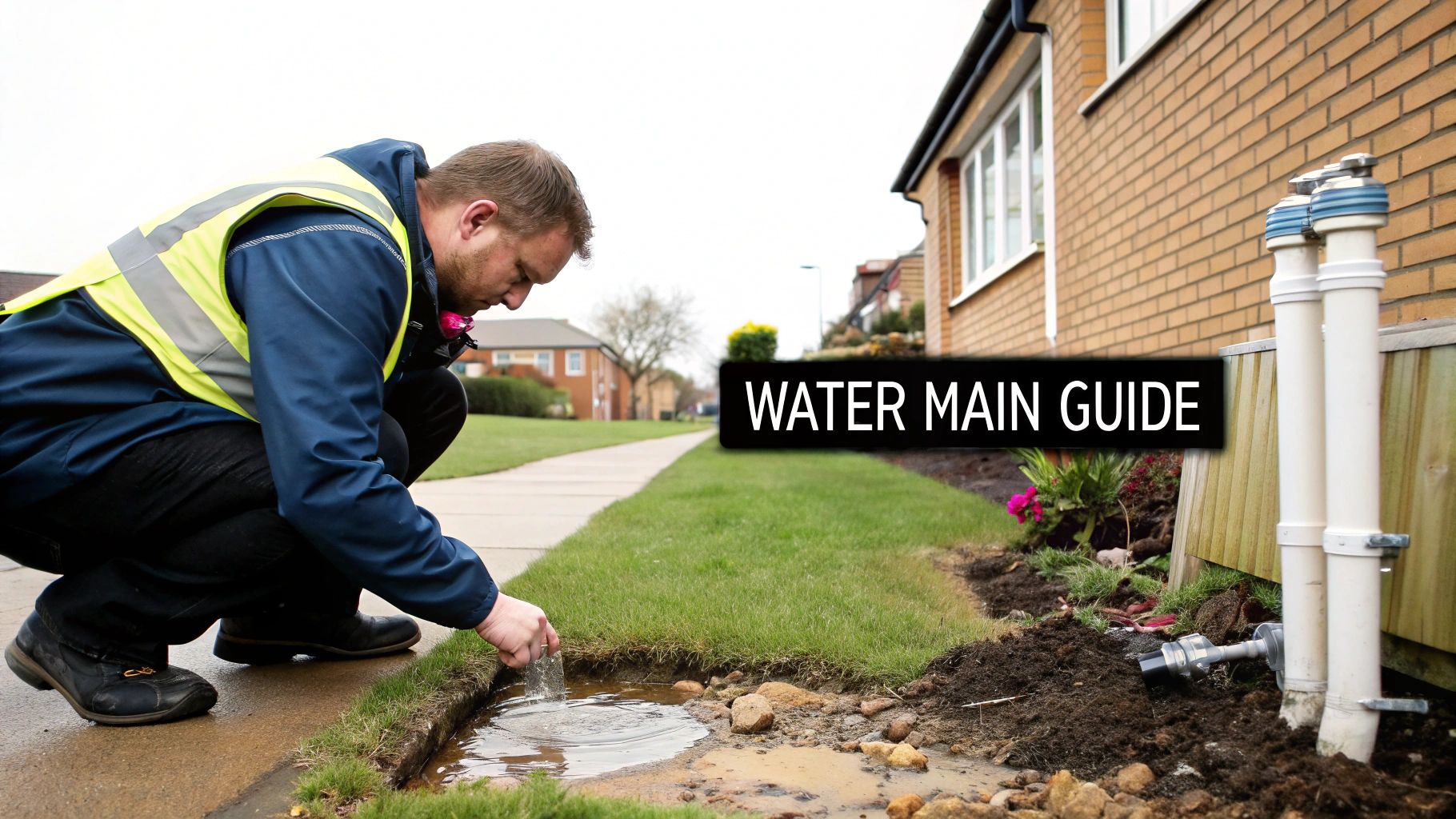 A technician in a high-vis vest inspects a water leak or pipes near a house, with 'WATER MAIN GUIDE' text.