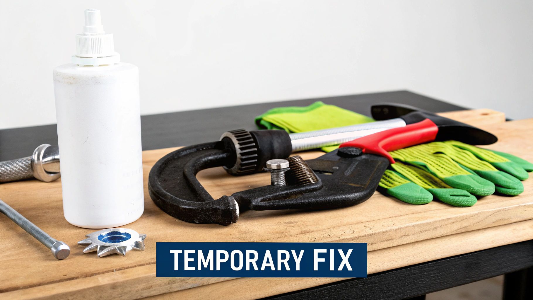 A collection of tools including a white bottle, C-clamp, wrench, and gloves on a wooden surface, indicating a 'Temporary Fix'.