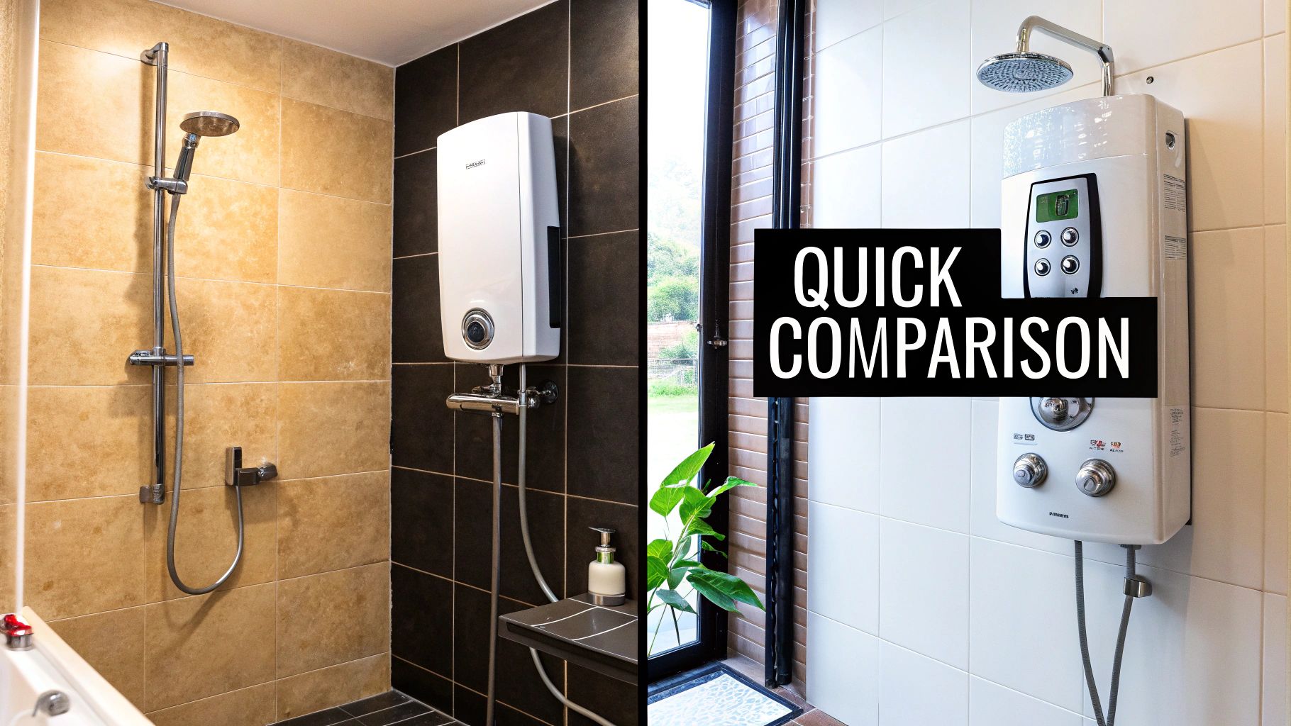 A quick comparison showing two different shower setups with wall-mounted water heaters.