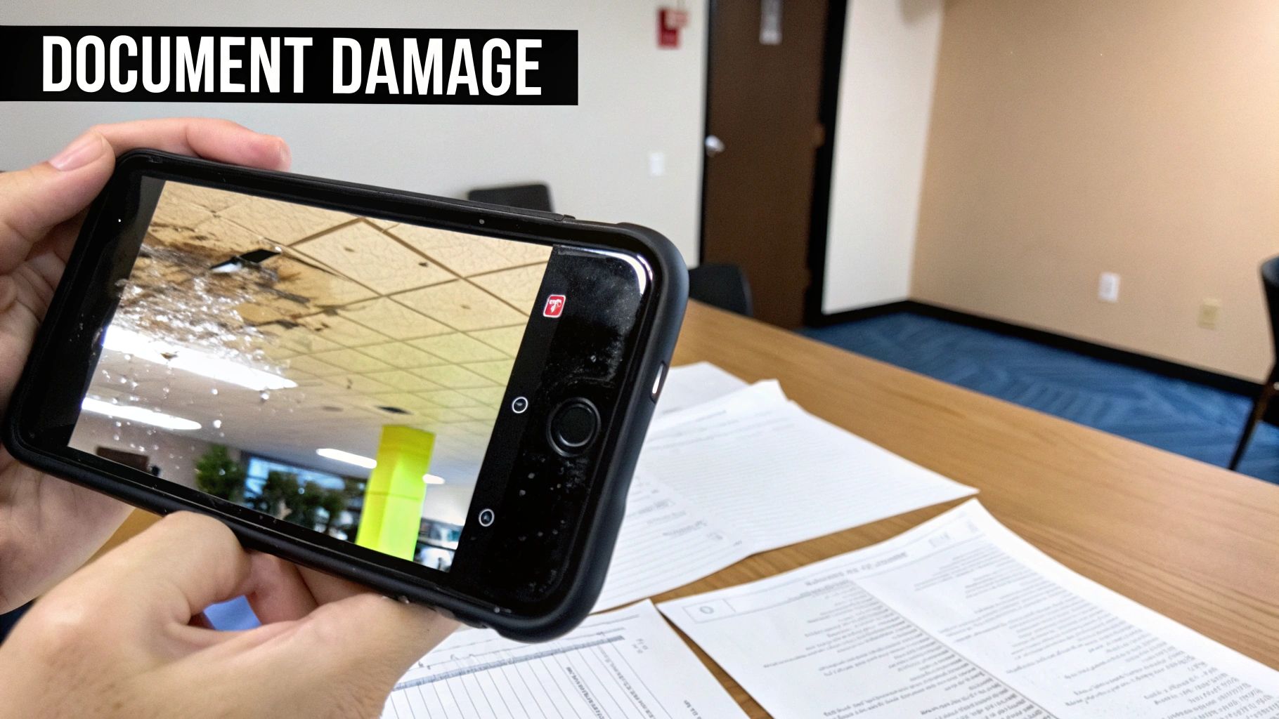 Person capturing an image of a severely water-damaged ceiling with their smartphone.
