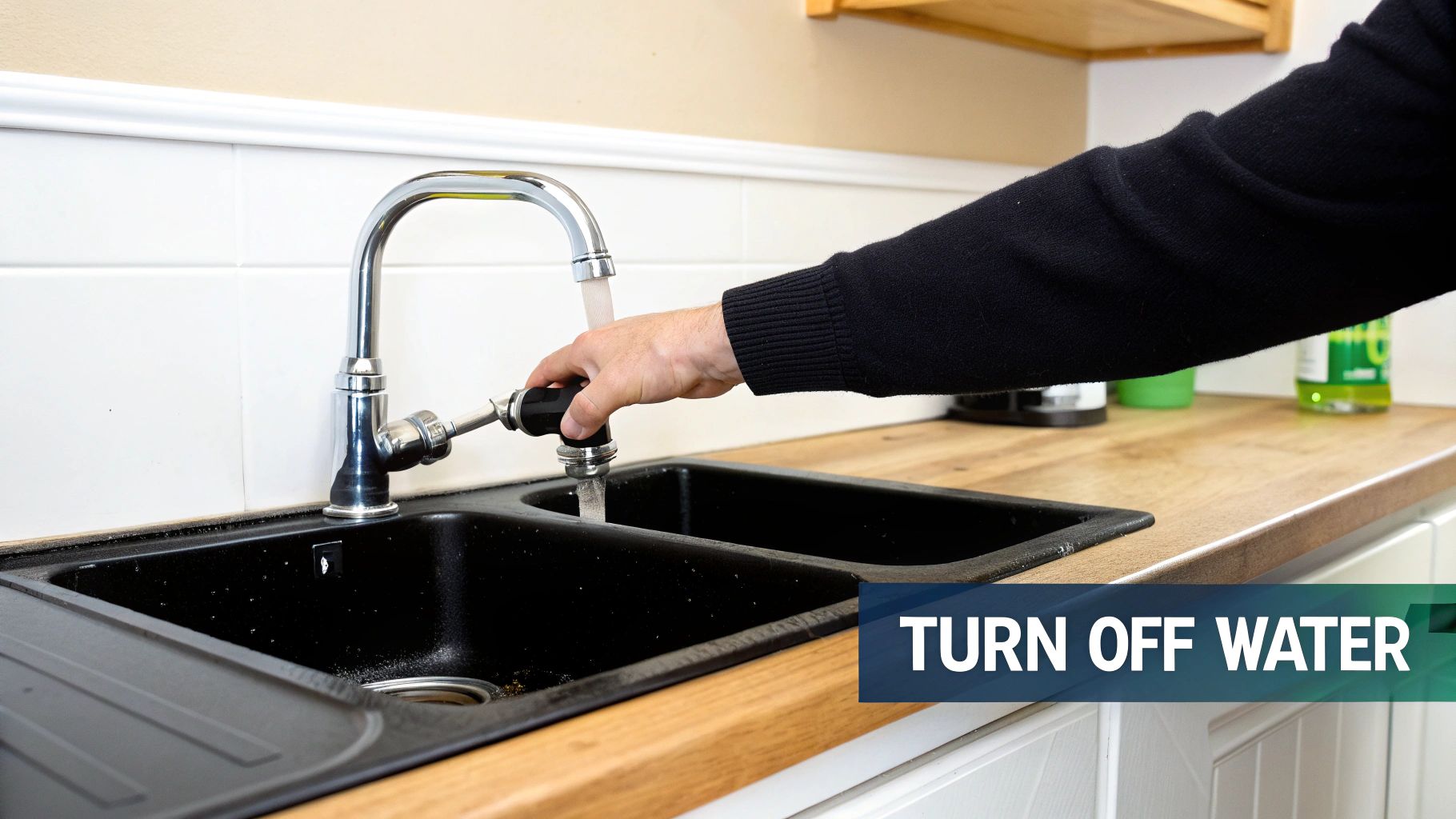 A person's hand turns off a chrome kitchen faucet over a black double sink.