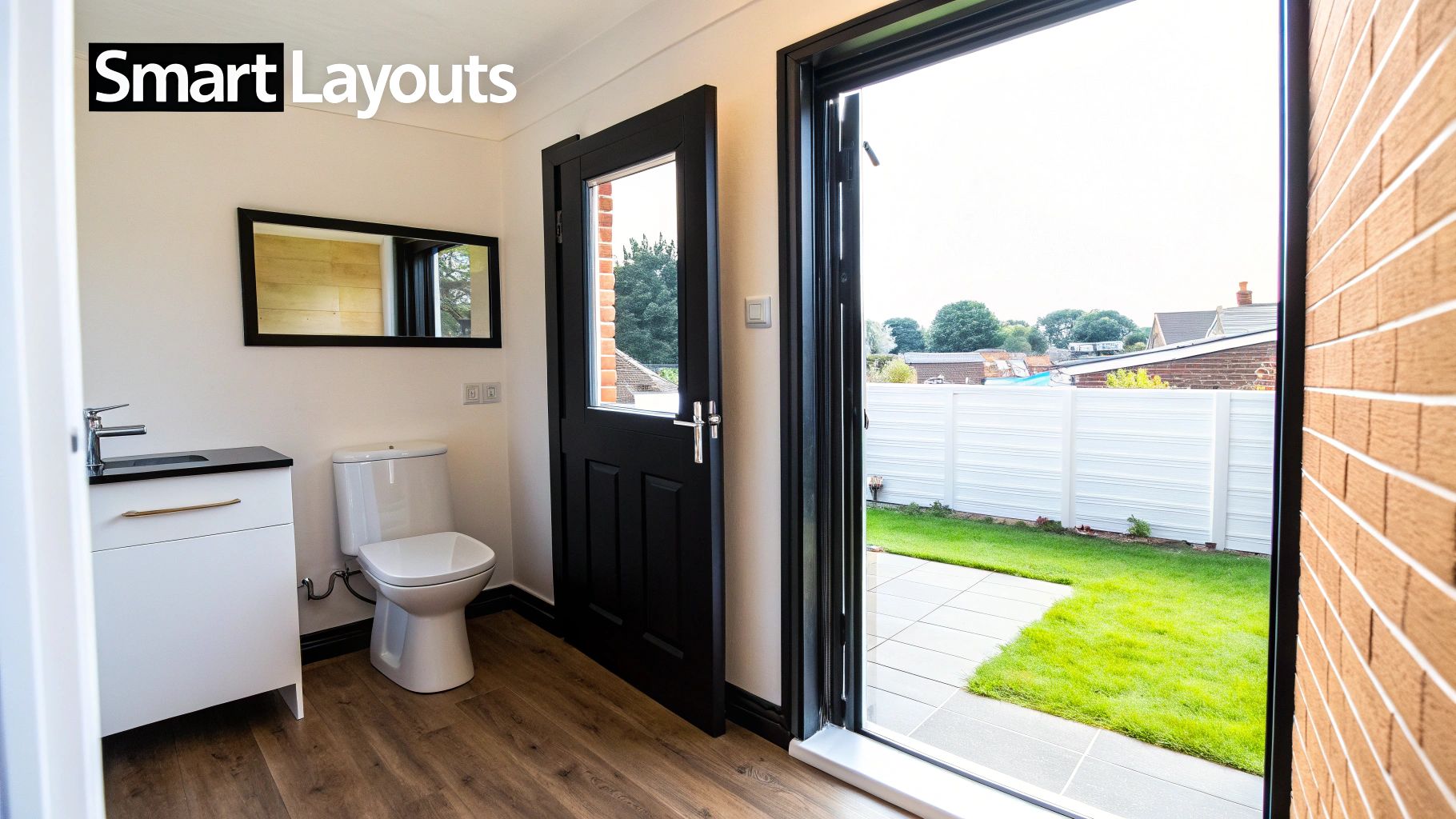 Compact modern bathroom with a toilet, vanity, mirror, and open door to a garden.