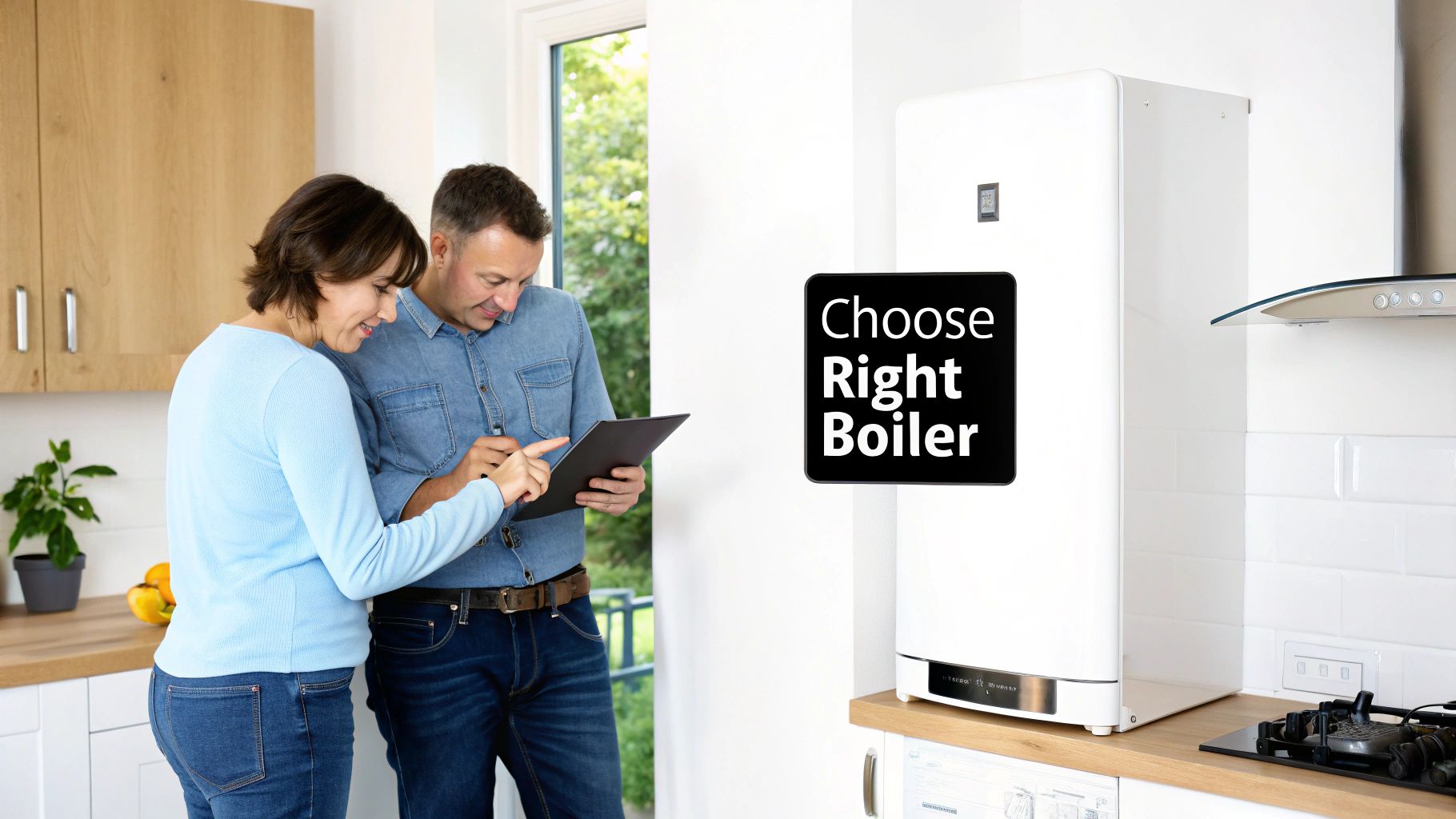 Couple reviewing tablet while choosing right boiler system in modern kitchen with white boiler