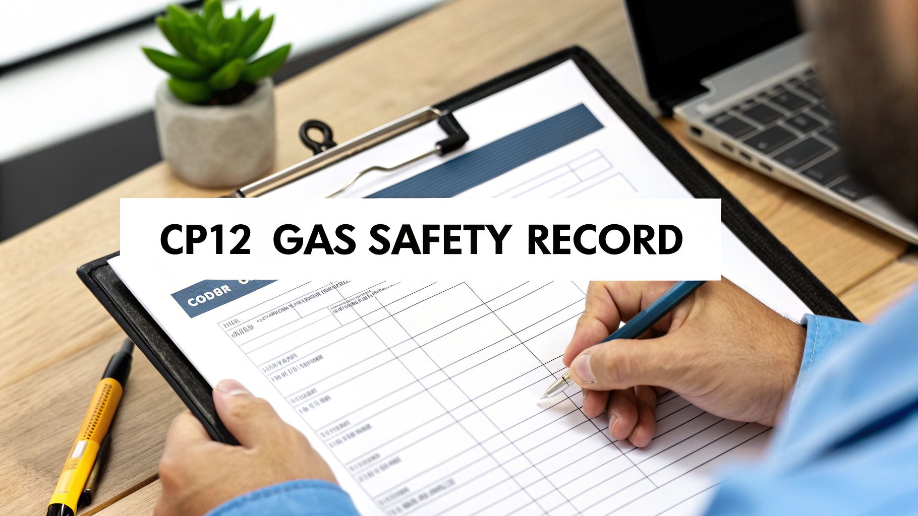 A person fills out a CP12 Gas Safety Record form on a clipboard, with a plant and laptop in the background.