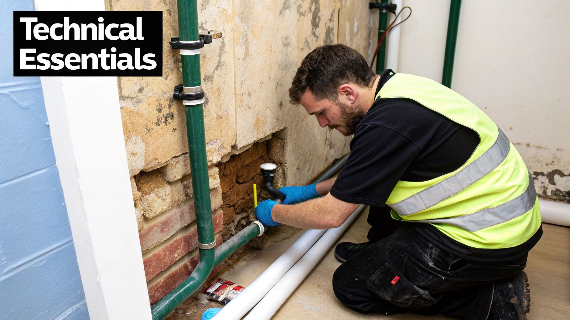 A plumber in safety gear working on pipes during a bathroom renovation project.