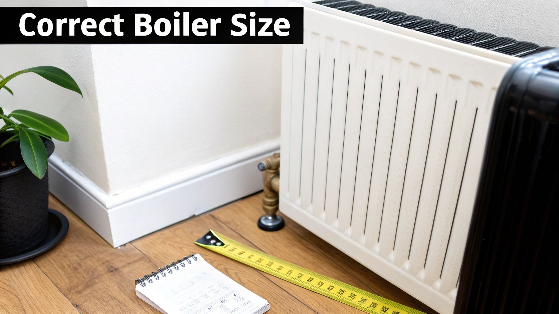 Person measuring white radiator with tape measure and notebook to determine correct boiler size
