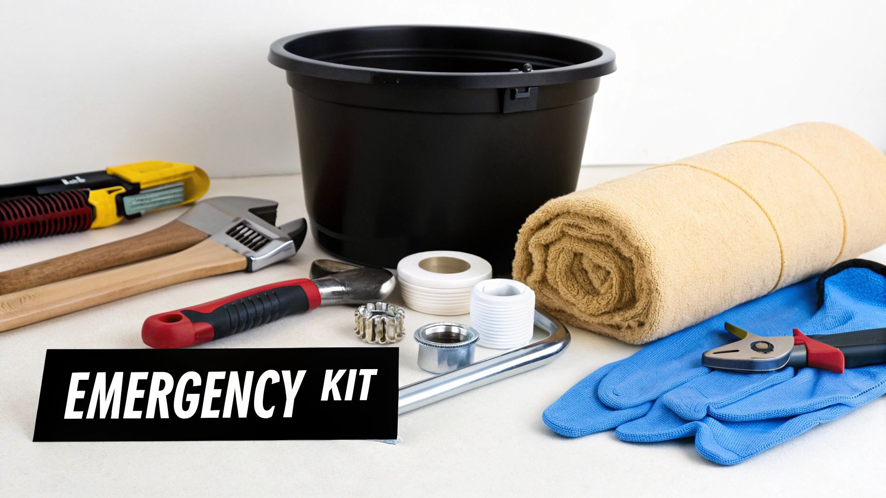 An emergency kit with plumbing tools: wrenches, utility knife, bucket, towel, gloves, and pipe fittings on a white surface.