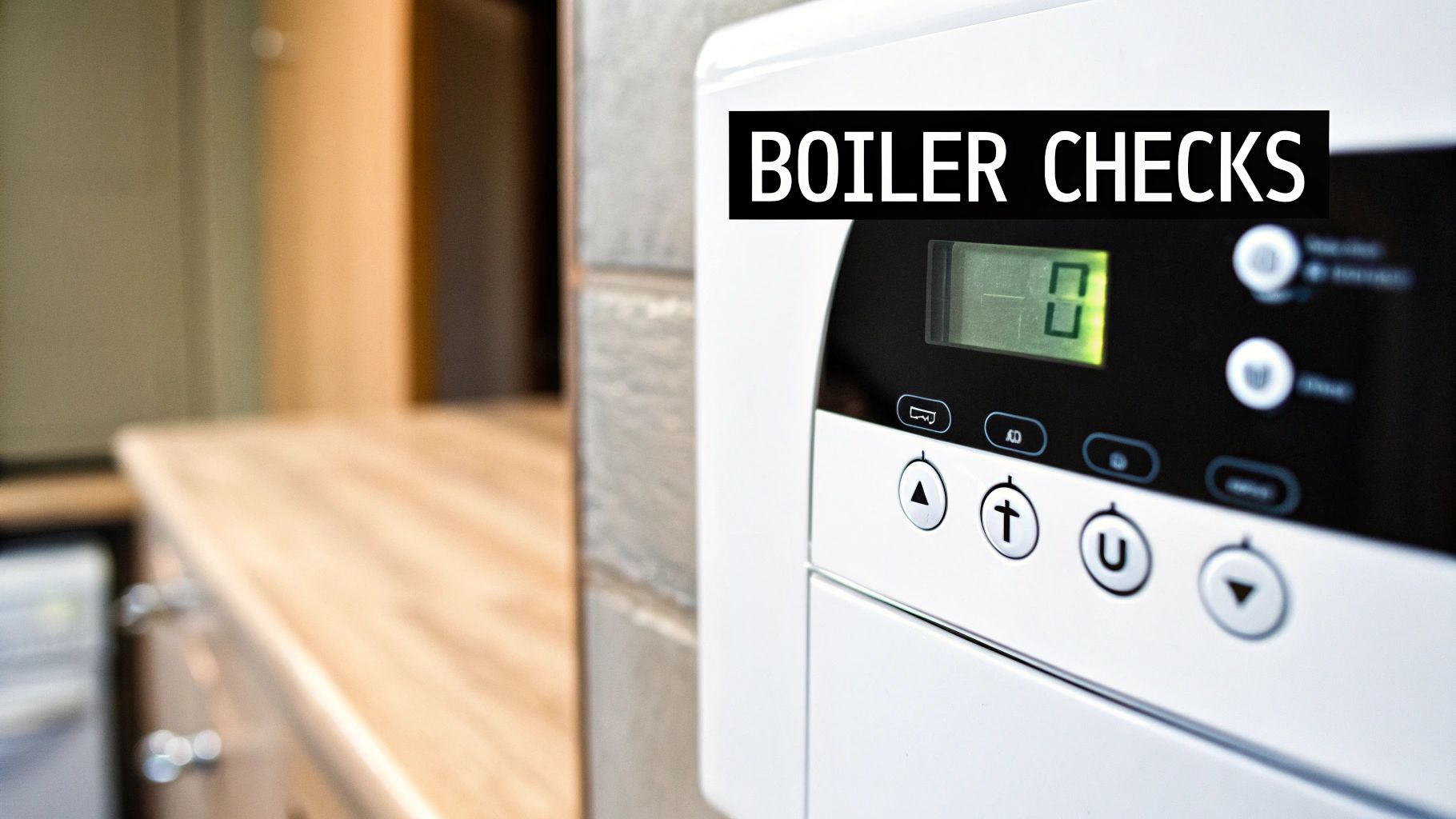 A white home boiler control panel with a digital display and buttons, featuring 'BOILER CHECKS' text.