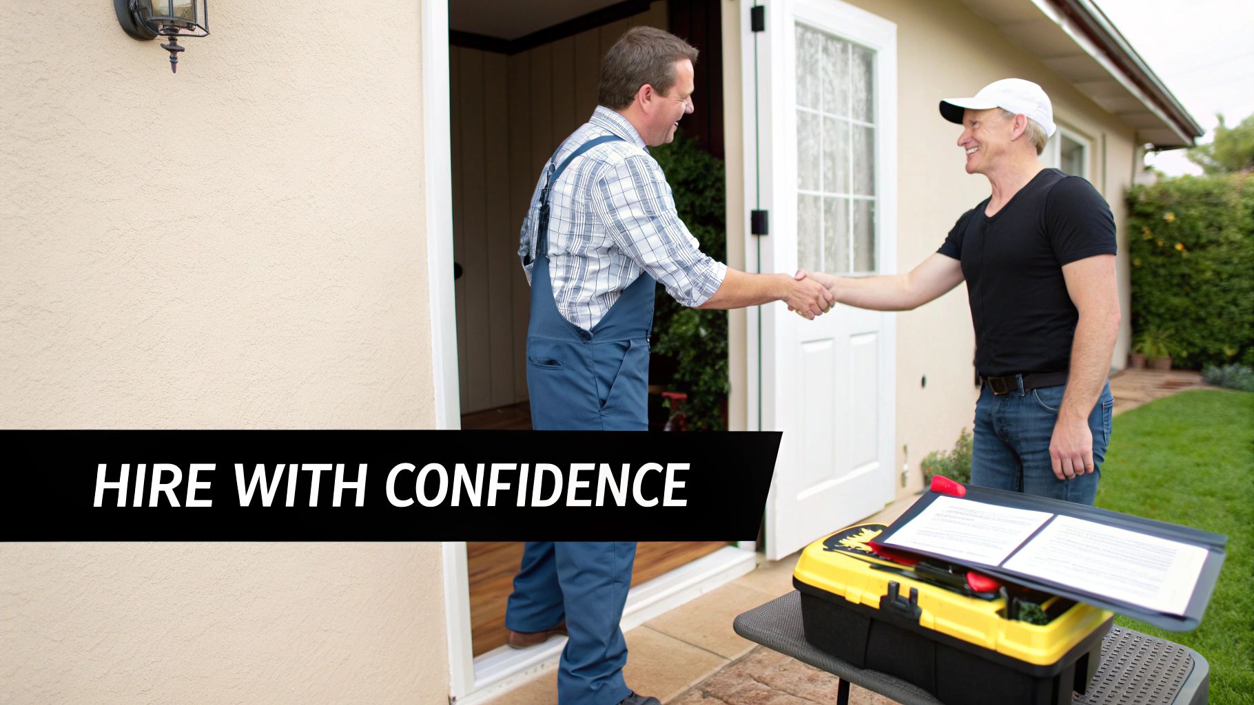 A plumber and a homeowner shaking hands after agreeing on the work, demonstrating how to find a good plumber.