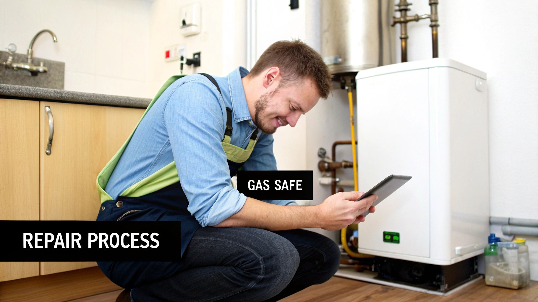 A gas safe plumber inspecting a white boiler and checking information on a digital tablet during a repair process.