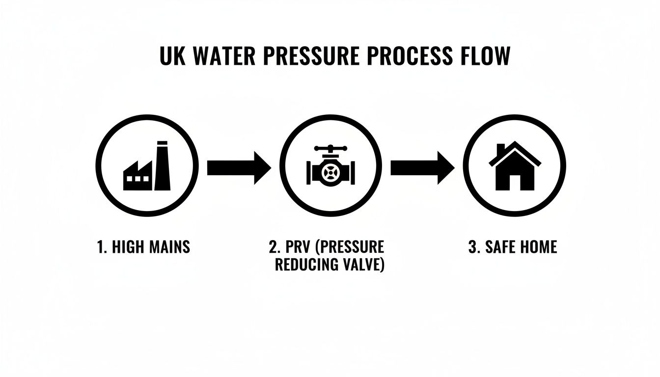 A diagram illustrating the UK water pressure process flow, from high mains to a safe home via a pressure reducing valve.