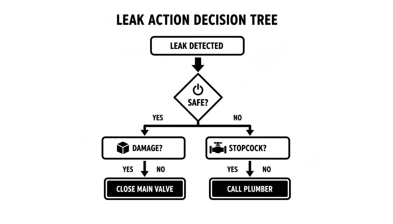 Decision tree flowchart for leak action, guiding users to close main valve or call a plumber.