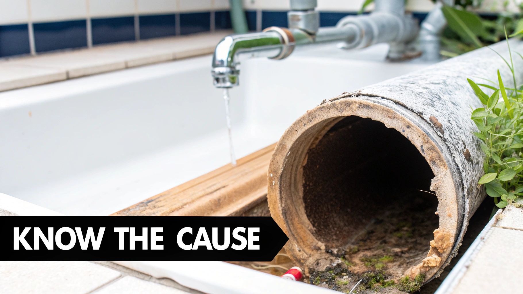 A close-up of a running faucet over a sink, with a broken, dirty drain pipe in the foreground, suggesting a plumbing issue.