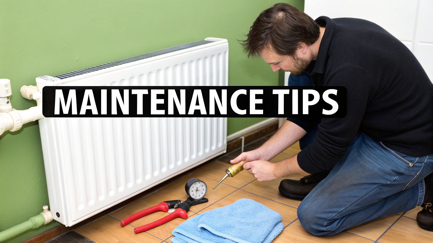 A man performing maintenance on a white radiator with tools and a blue towel on the floor.