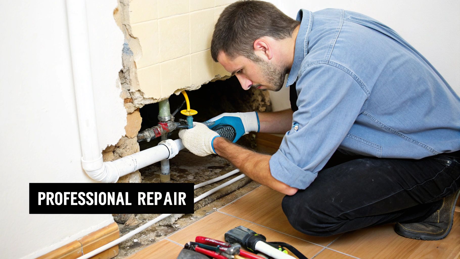 A professional plumber in gloves repairs exposed pipes in a wall, with tools on the floor.