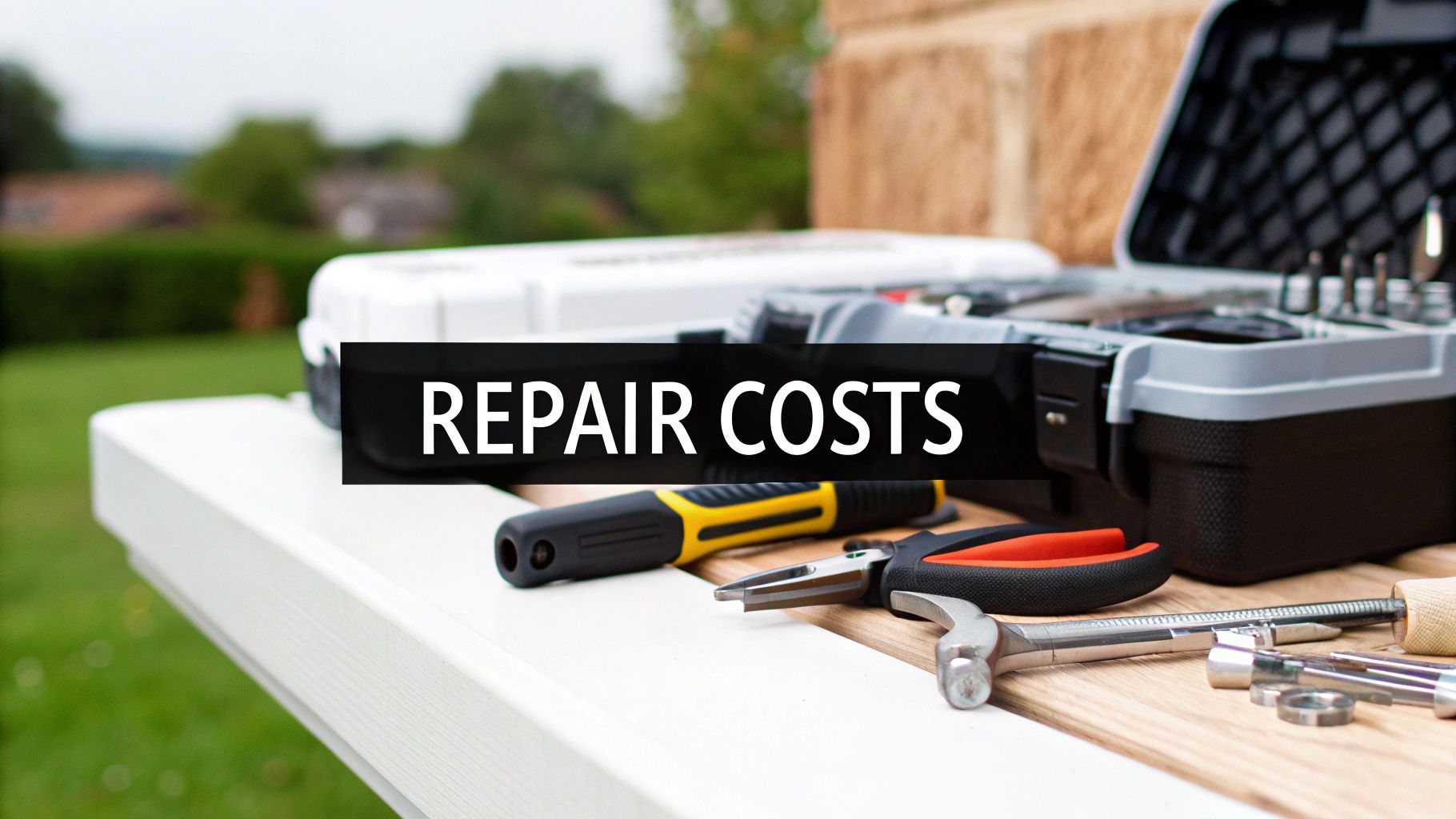 Various hand tools, including a hammer, pliers, and screwdriver, on a white table with a 'REPAIR COSTS' banner.