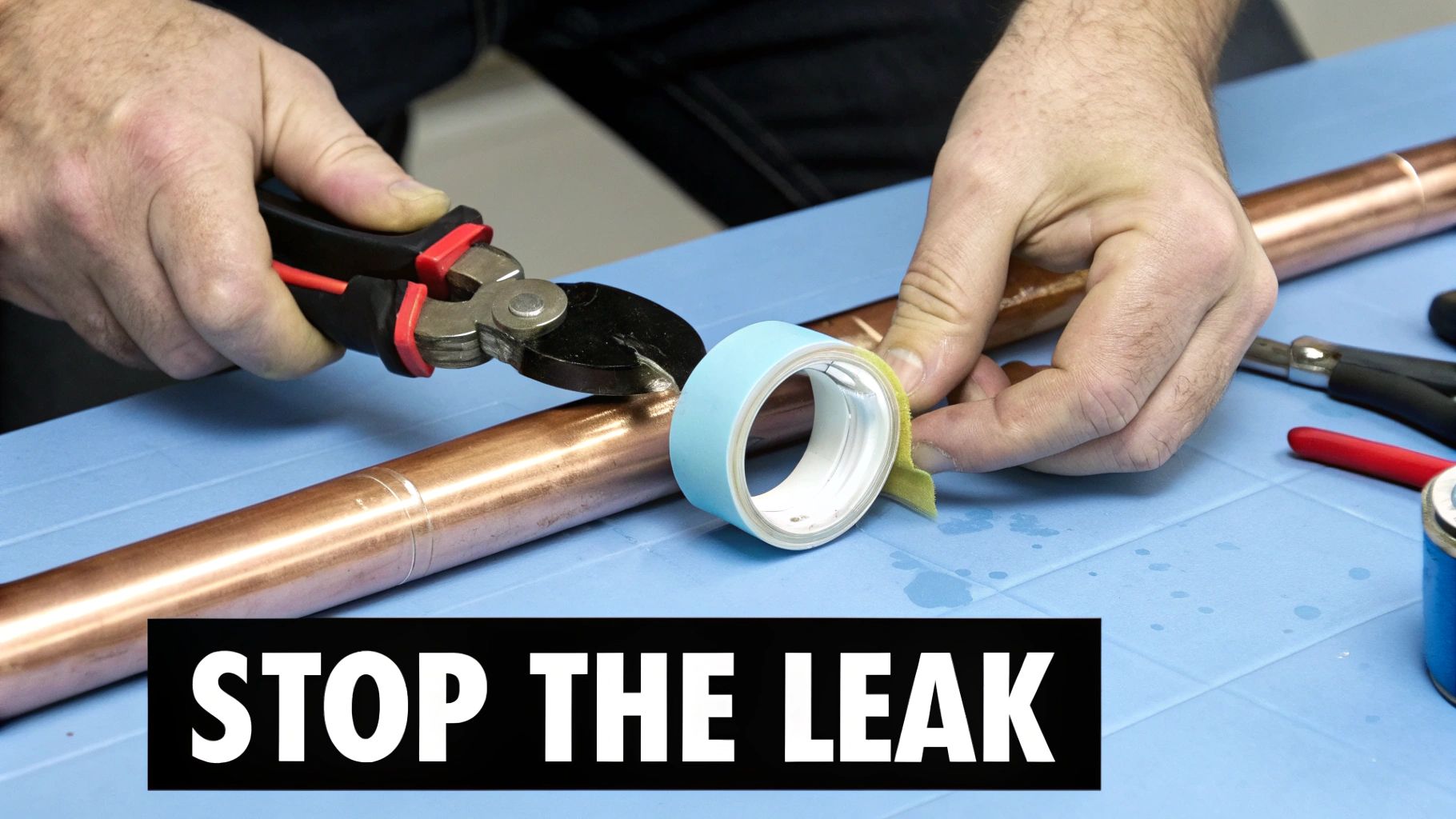 Hands preparing to repair a copper pipe with pliers and light blue tape.