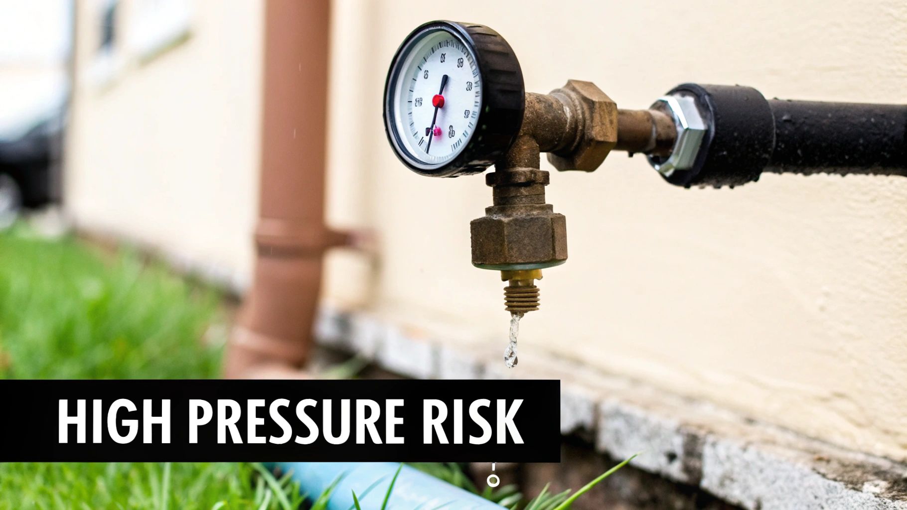Outdoor water pressure gauge on a pipe with water dripping, highlighting high pressure risk.