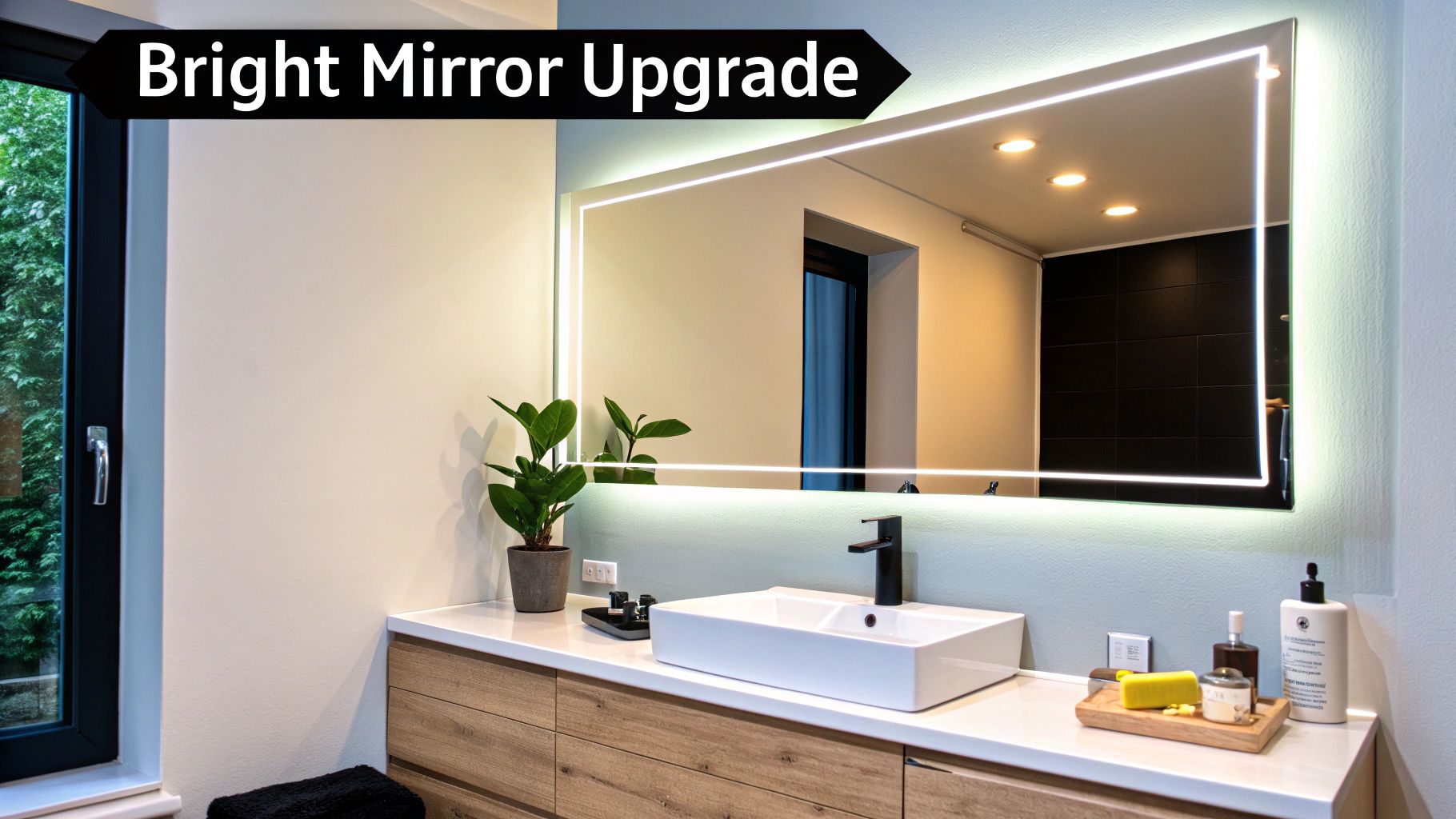 A modern bathroom featuring a large illuminated mirror above a white sink and wooden vanity.
