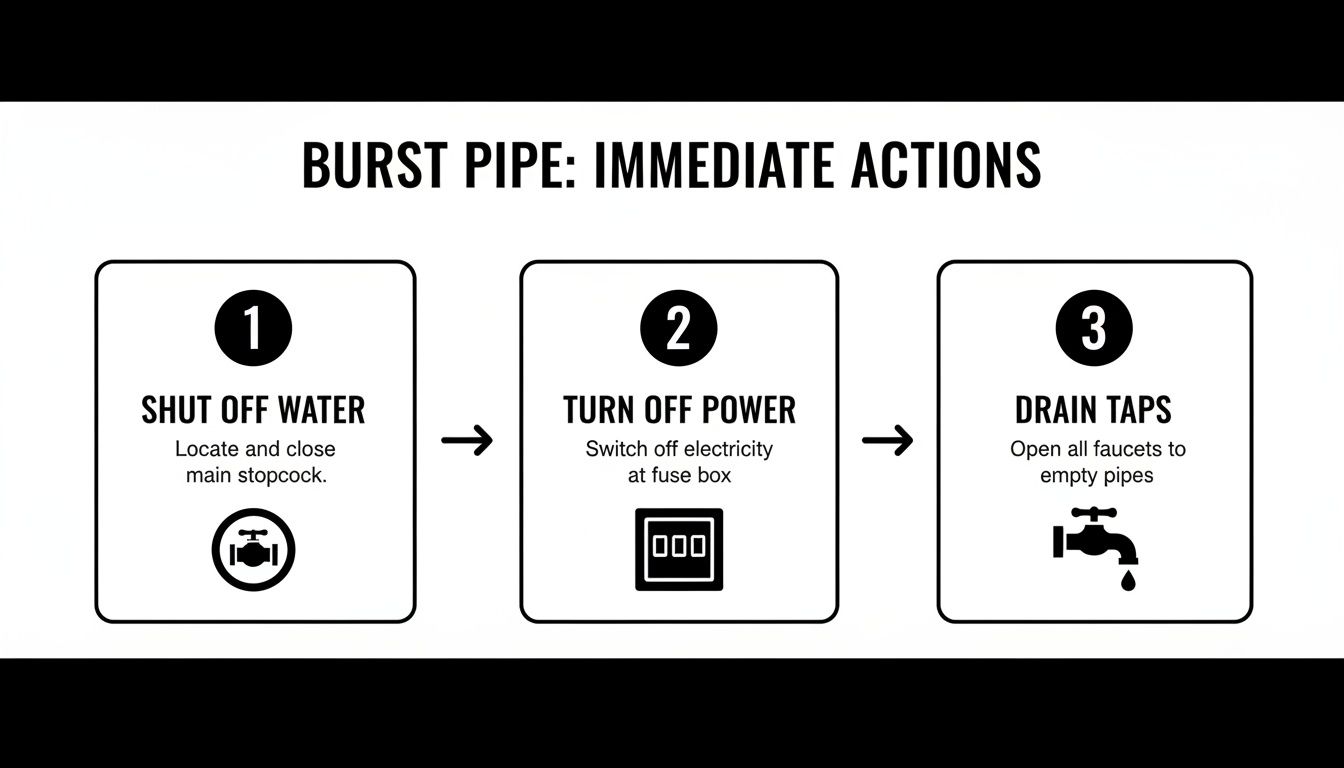 A three-step guide for immediate actions during a burst pipe emergency: shut off water, turn off power, drain taps.
