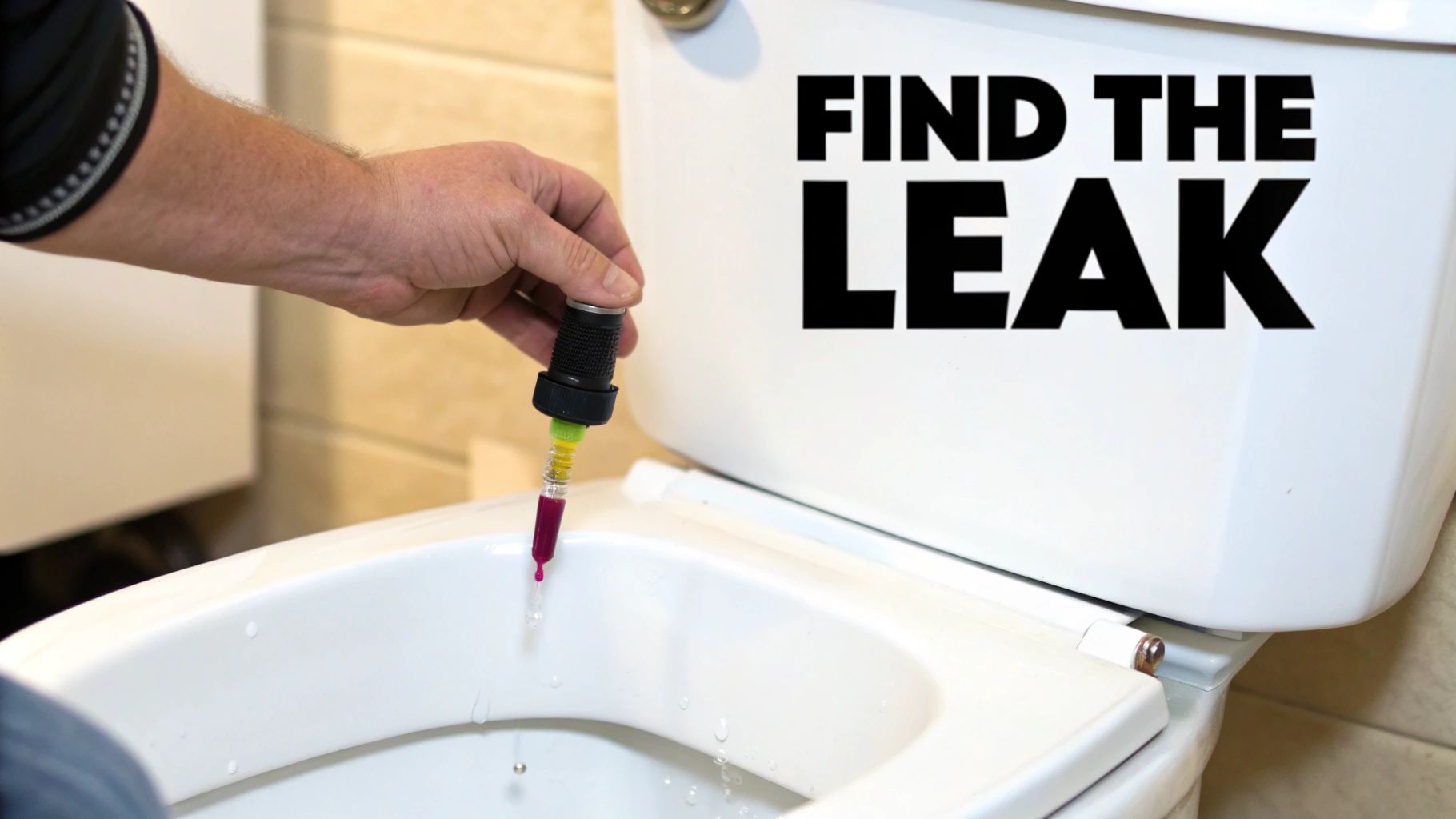 A hand uses a dropper to add purple dye into a toilet bowl, demonstrating a leak test.
