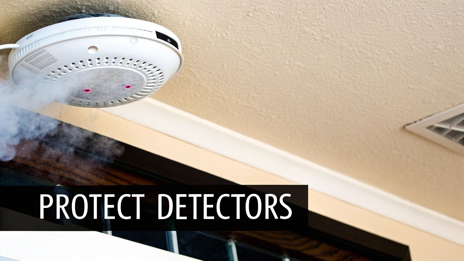 A white carbon monoxide detector mounted on a textured ceiling, actively emitting smoke with pink lights visible.
