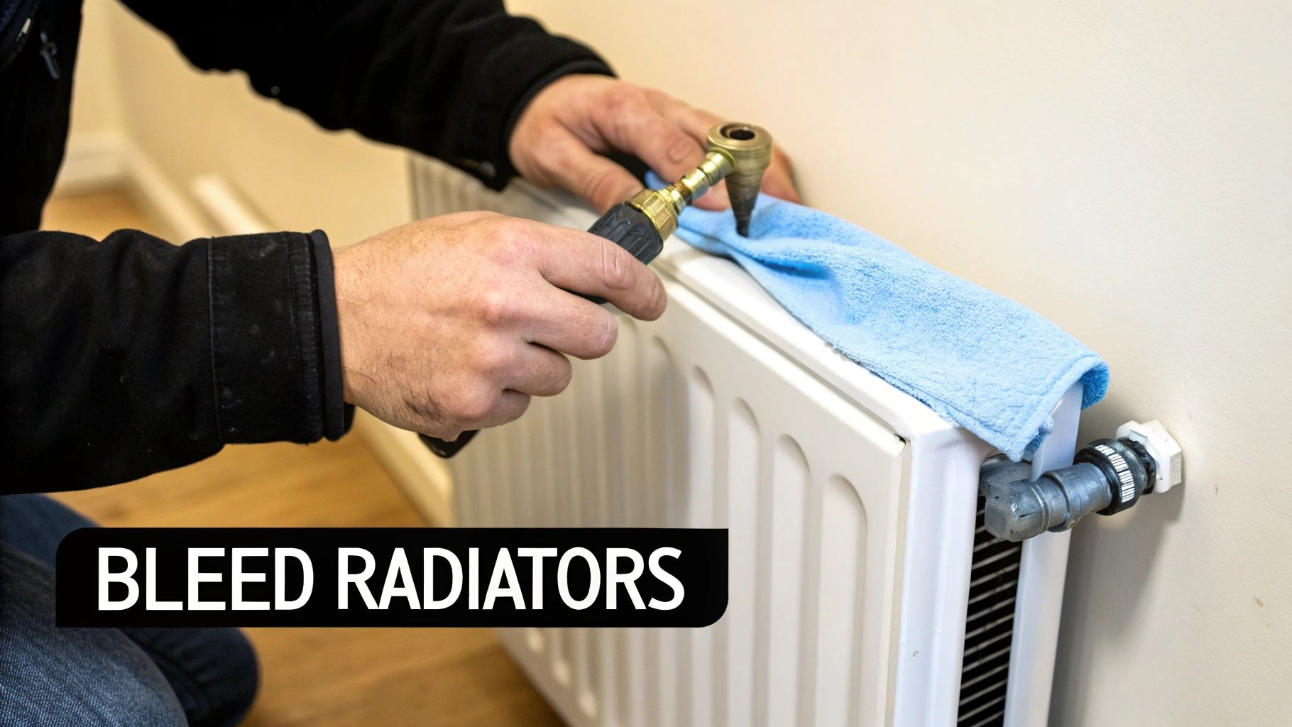 A person using a radiator key to bleed a radiator, with a cloth underneath to catch drips.