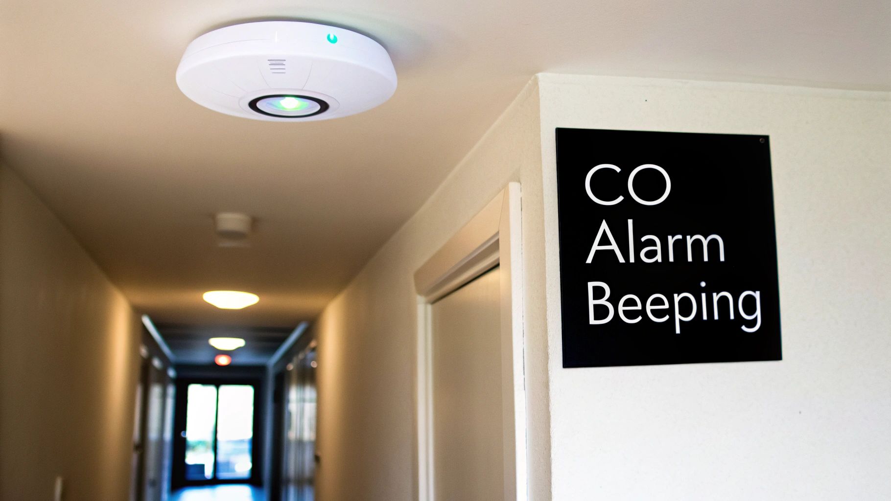 A white carbon monoxide alarm with a green light on a ceiling in a hallway, near a "CO Alarm Beeping" sign.