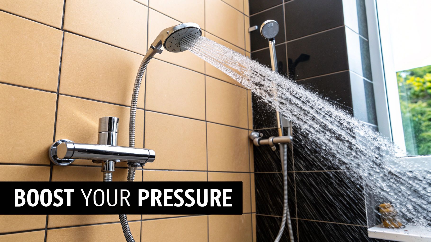 A close-up of a shower head spraying water with high pressure in a modern bathroom with brown and black tiles.