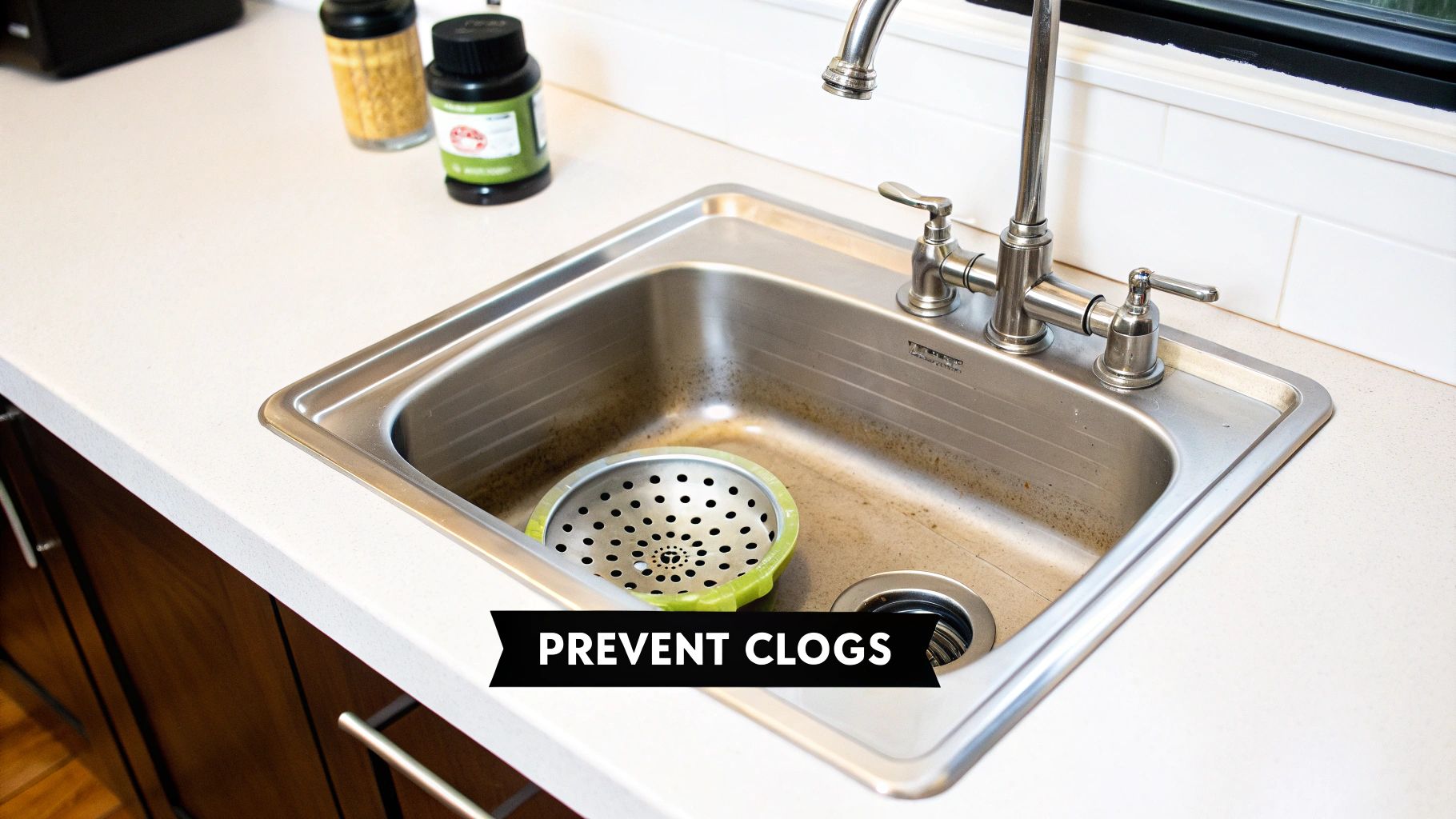 A stainless steel kitchen sink with a drain strainer, faucet, and counter, emphasizing clog prevention.