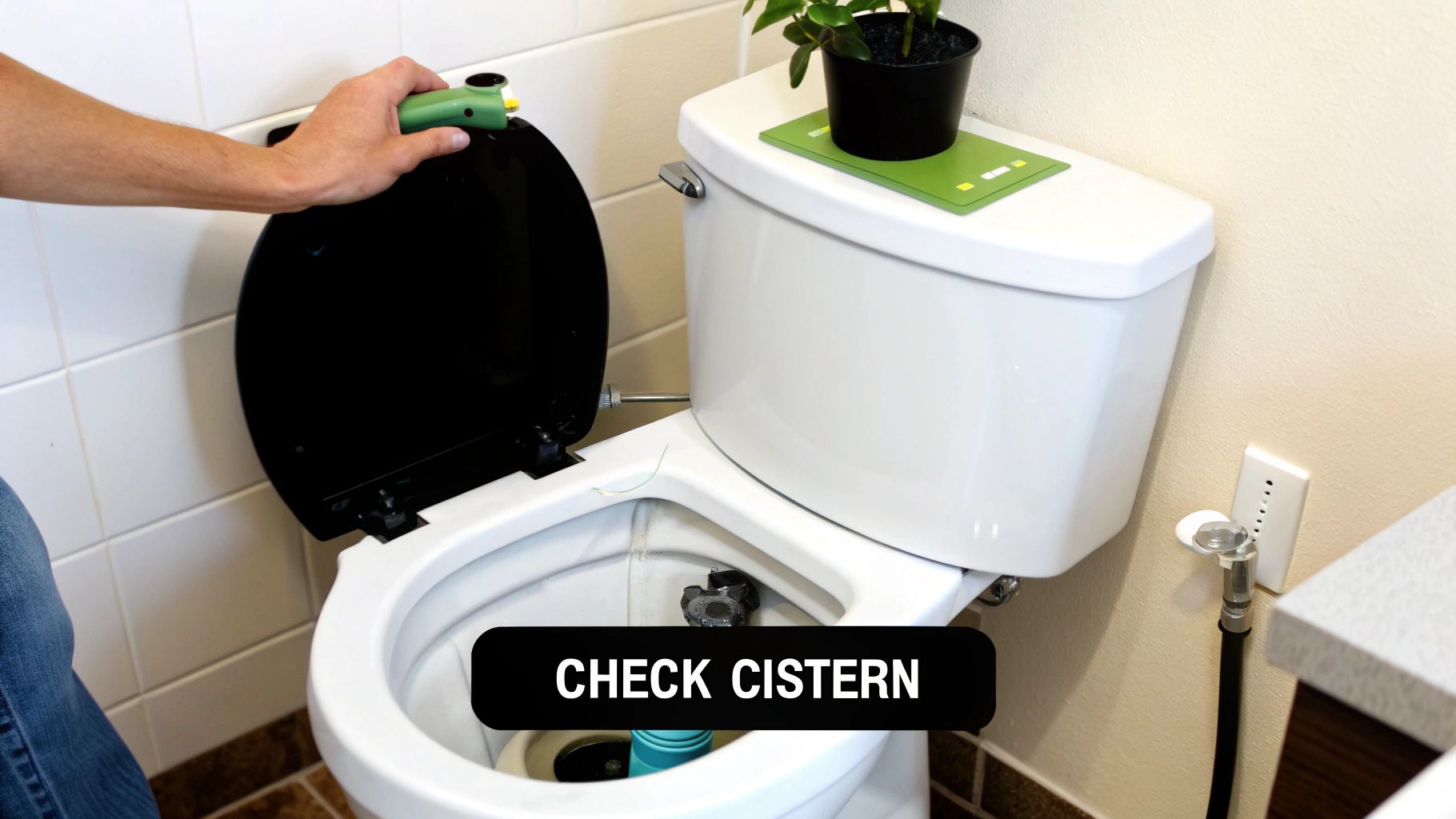 Man's hand lifting a black toilet seat and holding a green tool, revealing the toilet bowl with a blue cleaner.