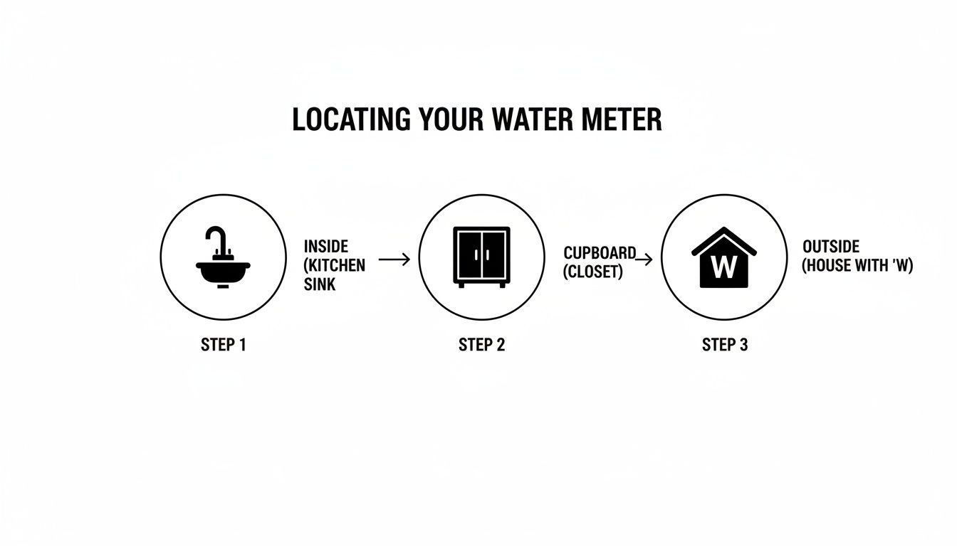 A diagram illustrating three steps to locate a water meter: kitchen sink, cupboard, or outside the house.