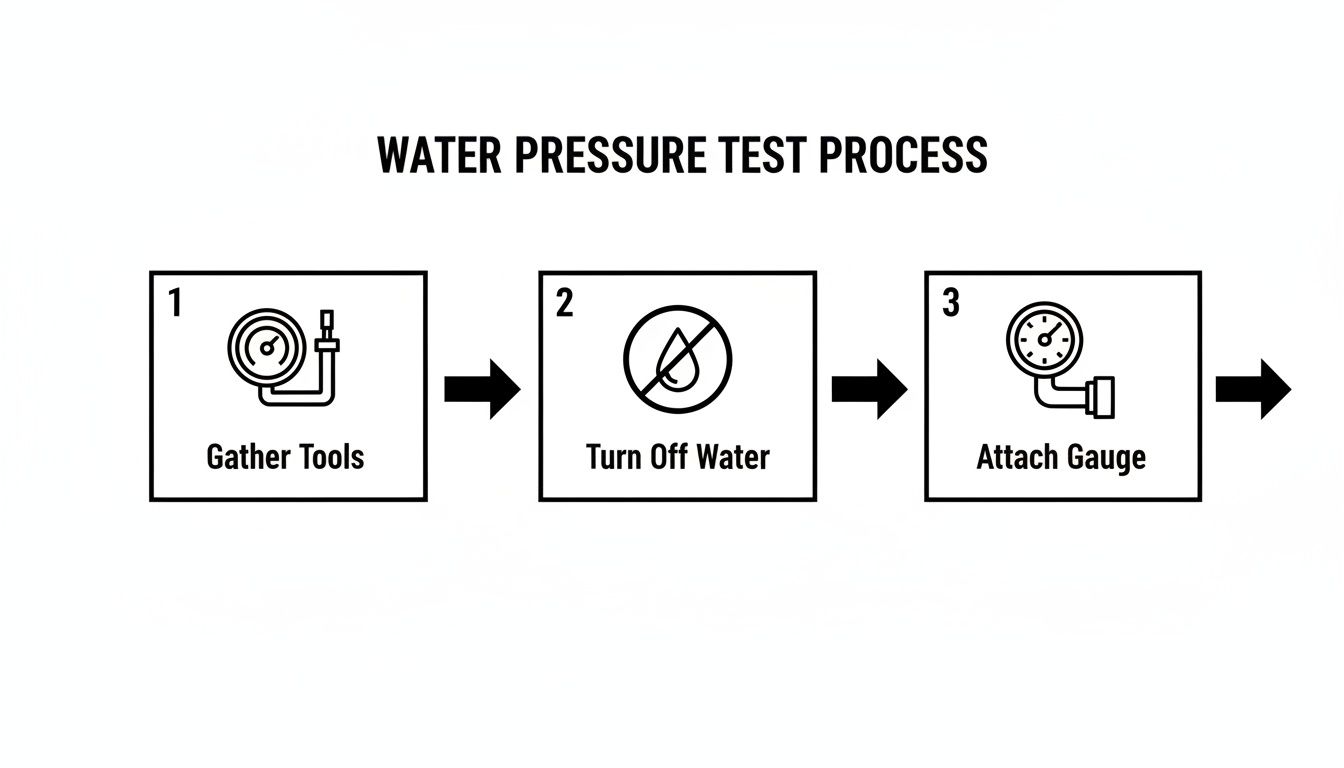 Water pressure test process diagram with steps: gather tools, turn off water, attach gauge.