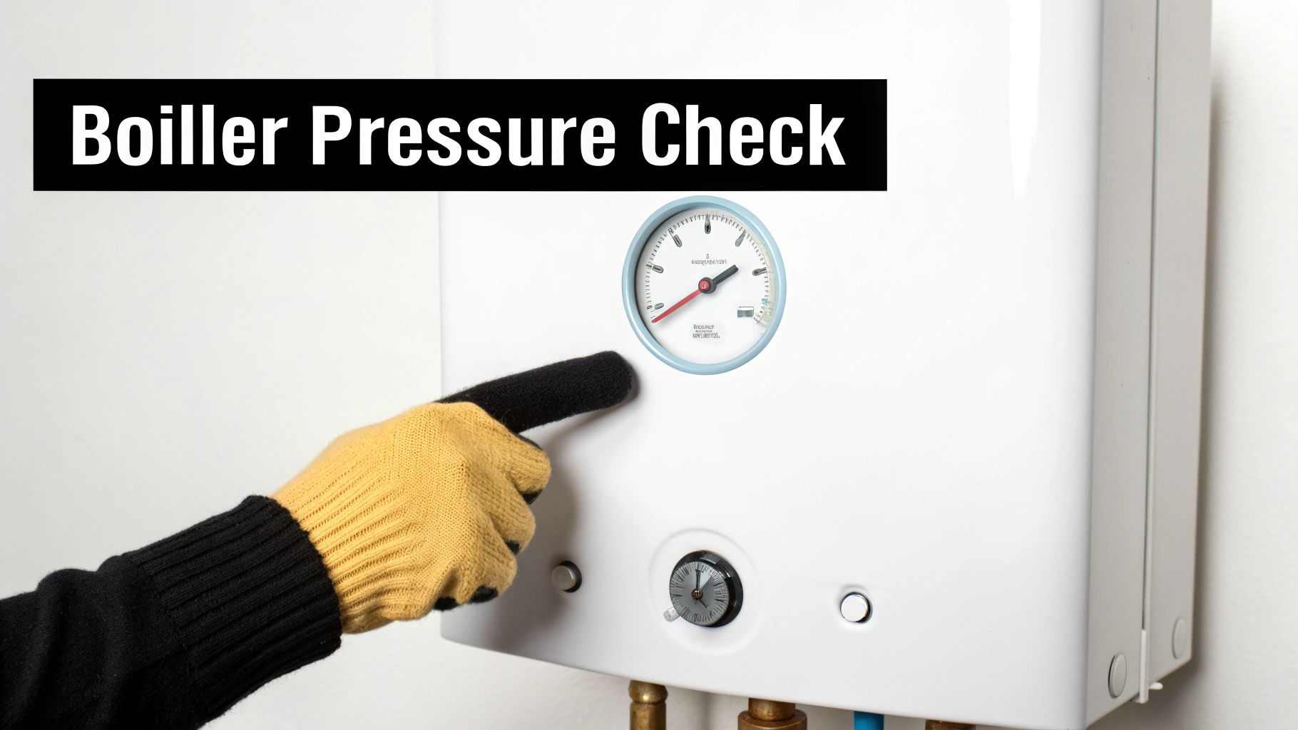 A gloved hand points to a pressure gauge on a white boiler, titled "Boiler Pressure Check".