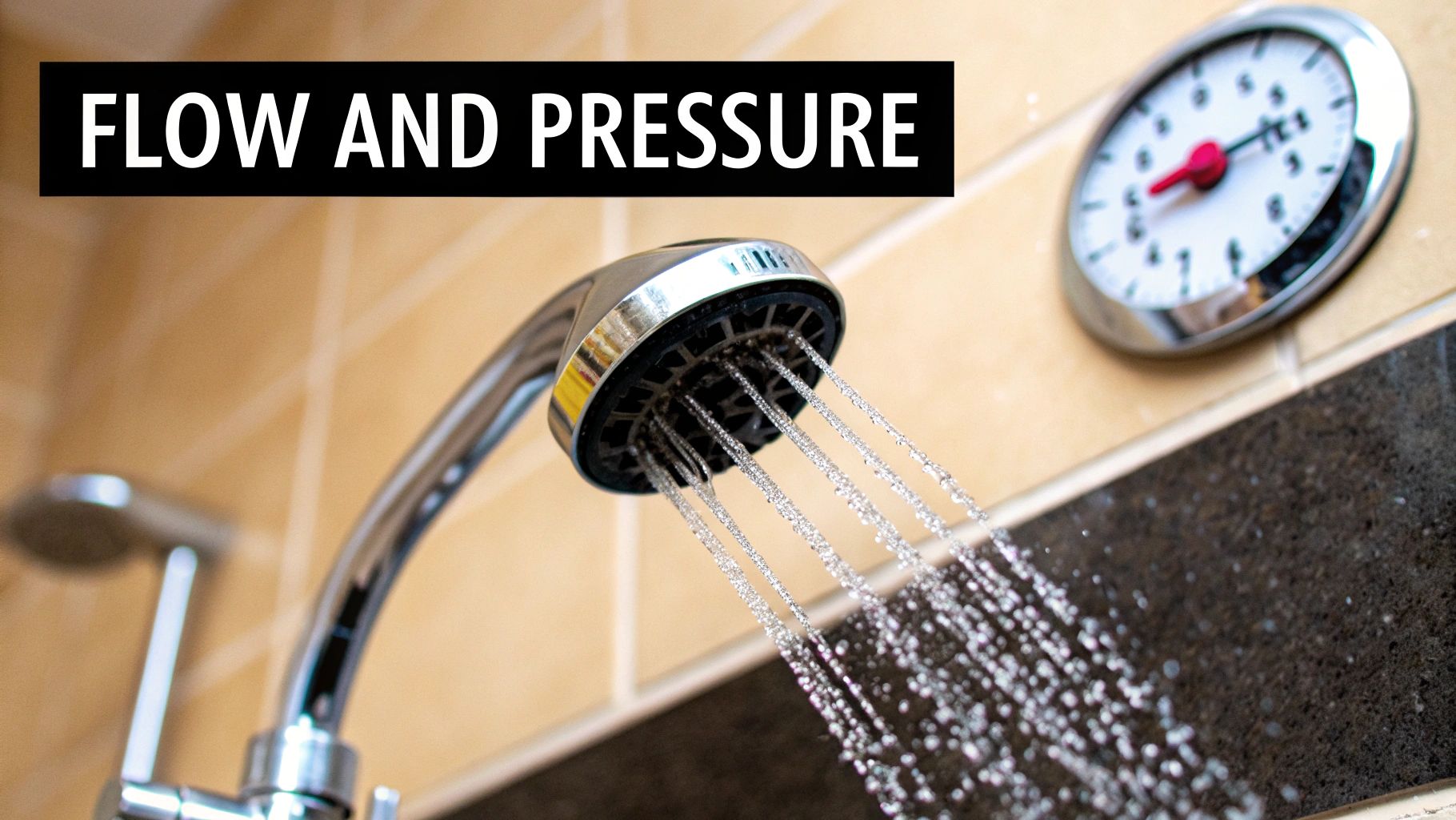 A close-up of a chrome shower head spraying water with text 'FLOW AND PRESSURE' visible.