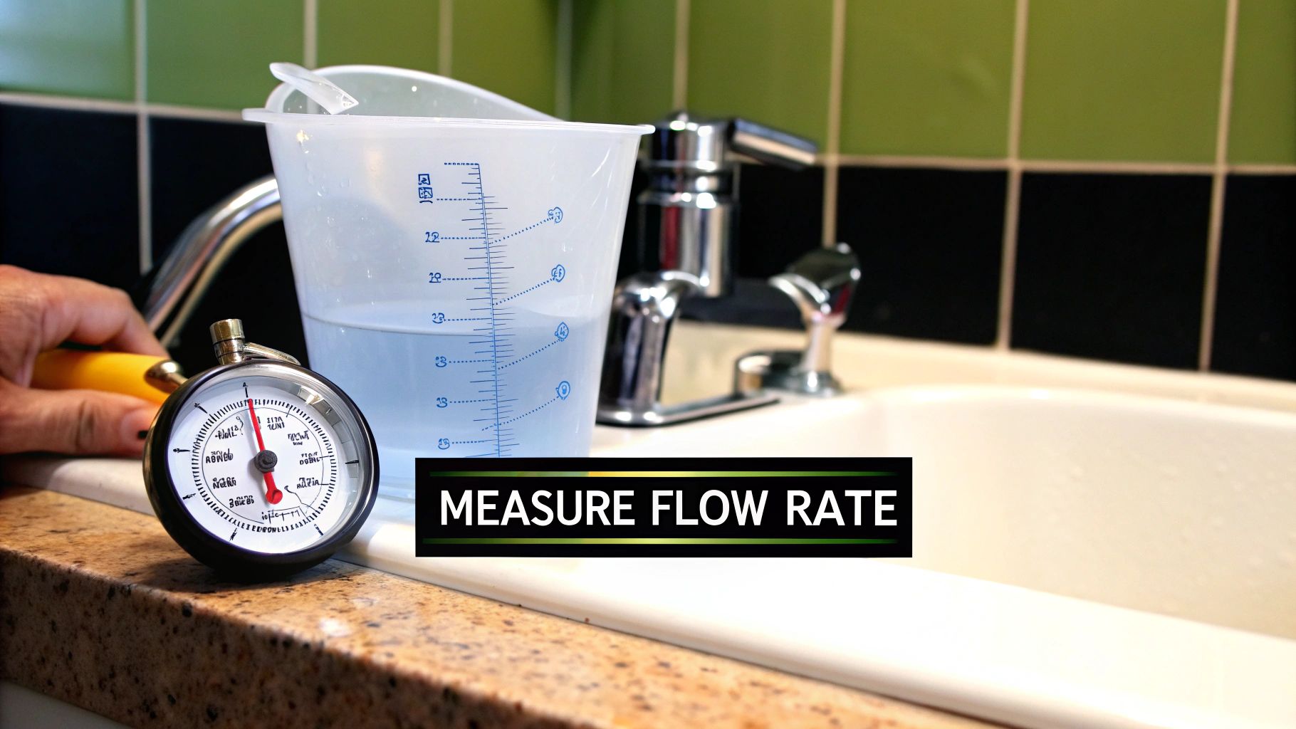A measuring cup, pressure gauge, and faucet in a sink, demonstrating how to measure water flow rate.
