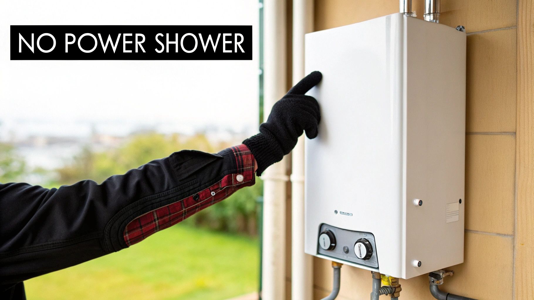 Gloved hand points to a white wall-mounted boiler with "NO POWER SHOWER" text.