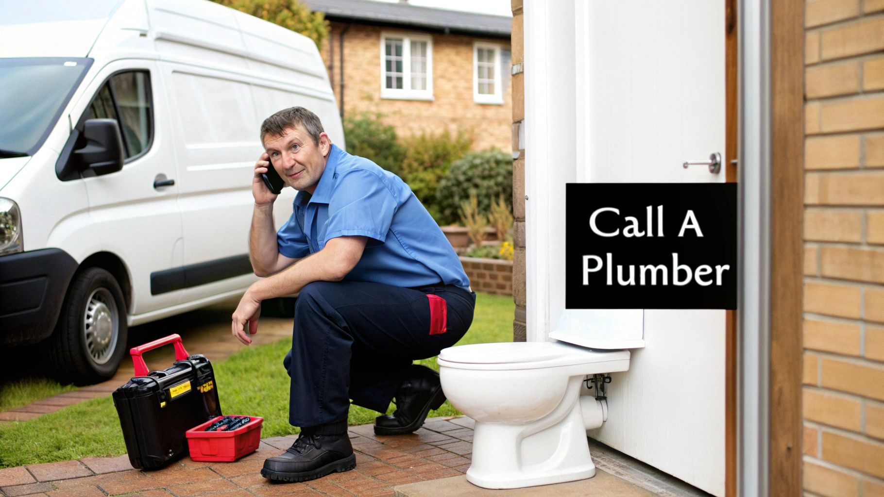 A male plumber in a blue uniform talks on the phone next to his van and a toilet.